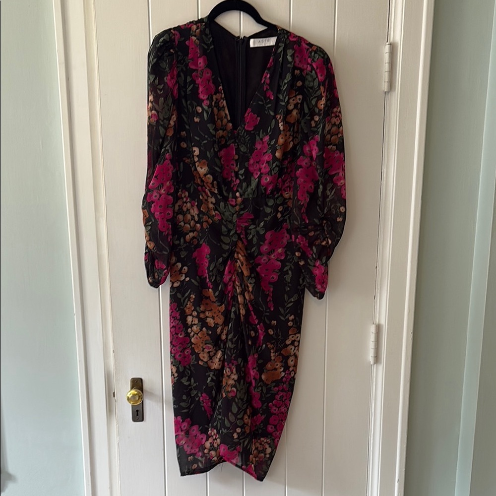 Astr Black Floral Long Sleeve Midi Dress with Pink & Brown Blooms